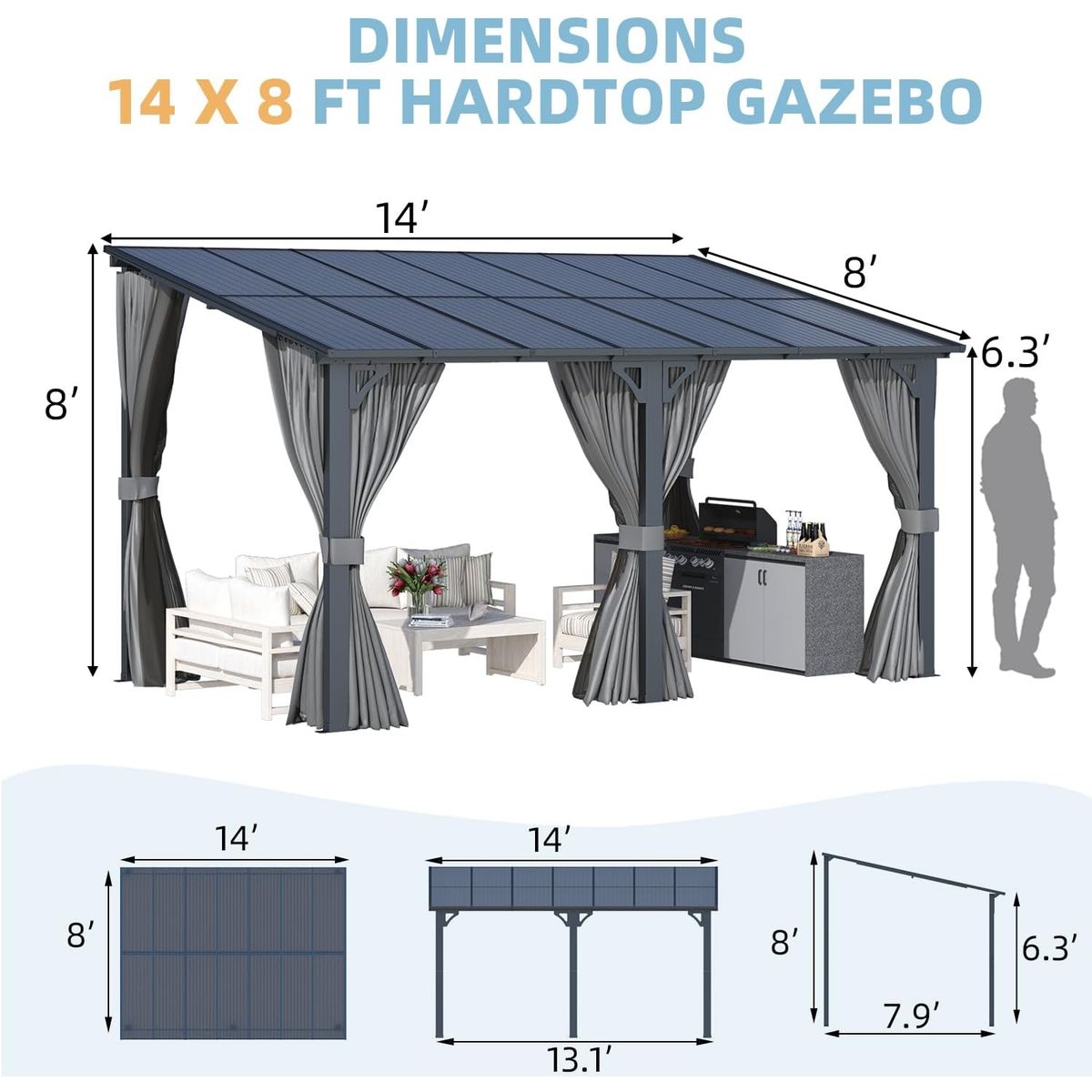 Outdoor Hard Top Leanto Pergola with Curtains and Netting  14 x 8