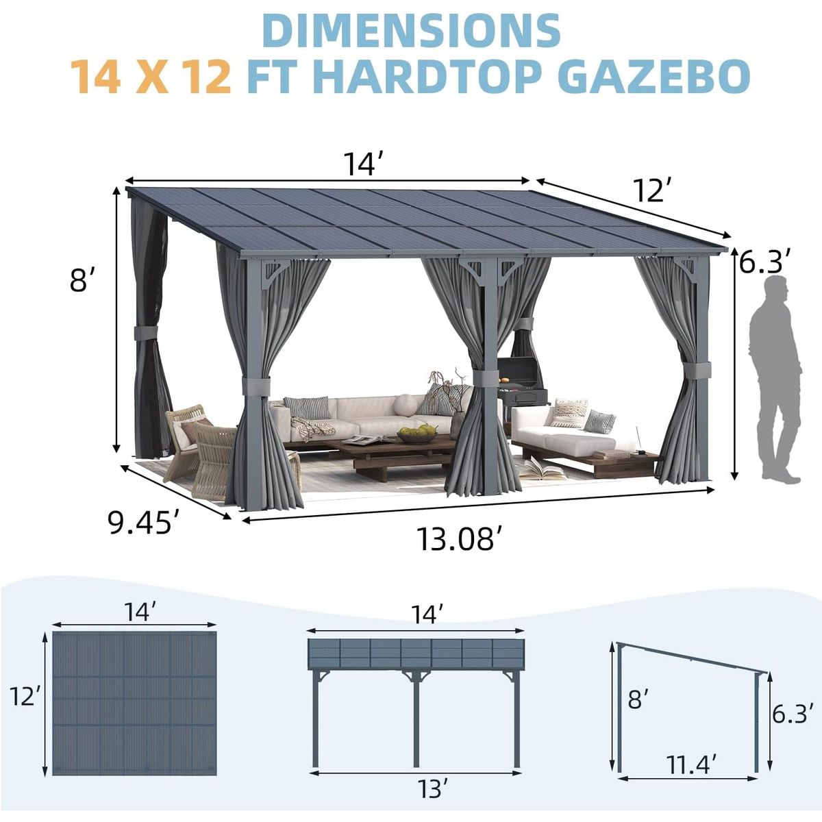 Outdoor Hard Top Leanto Pergola with Curtains and Netting  14 x 12