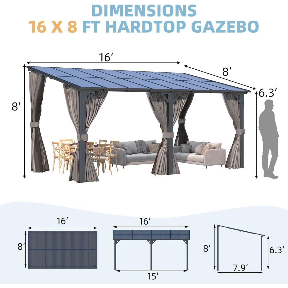 Outdoor Hard Top Leanto Pergola with Curtains and Netting  16 x 8