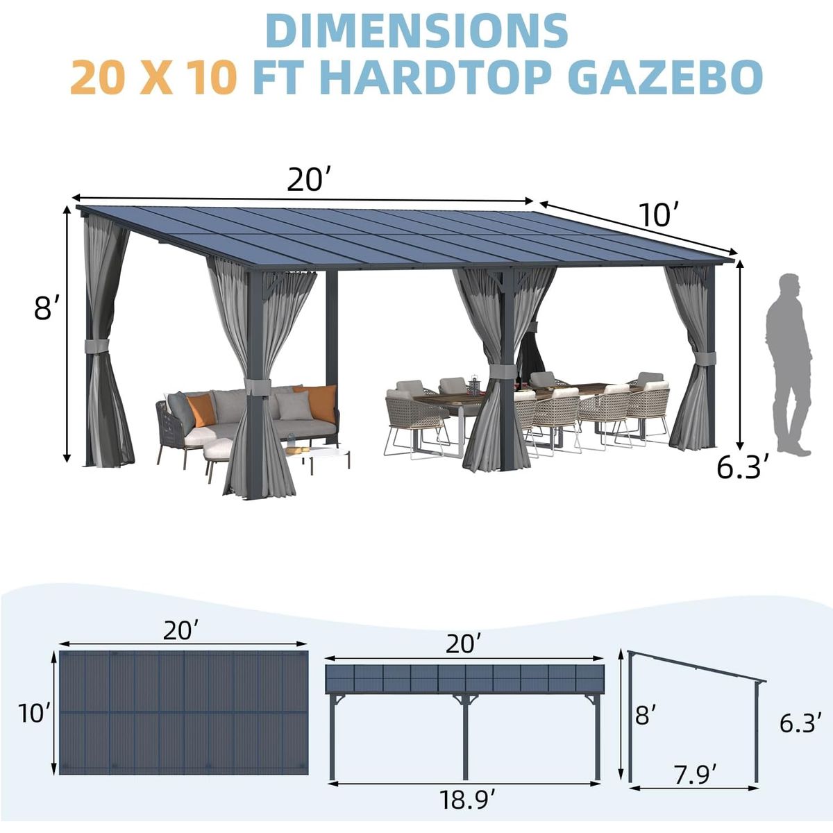 Outdoor Hard Top Leanto Pergola with Curtains and Netting  20 x 10