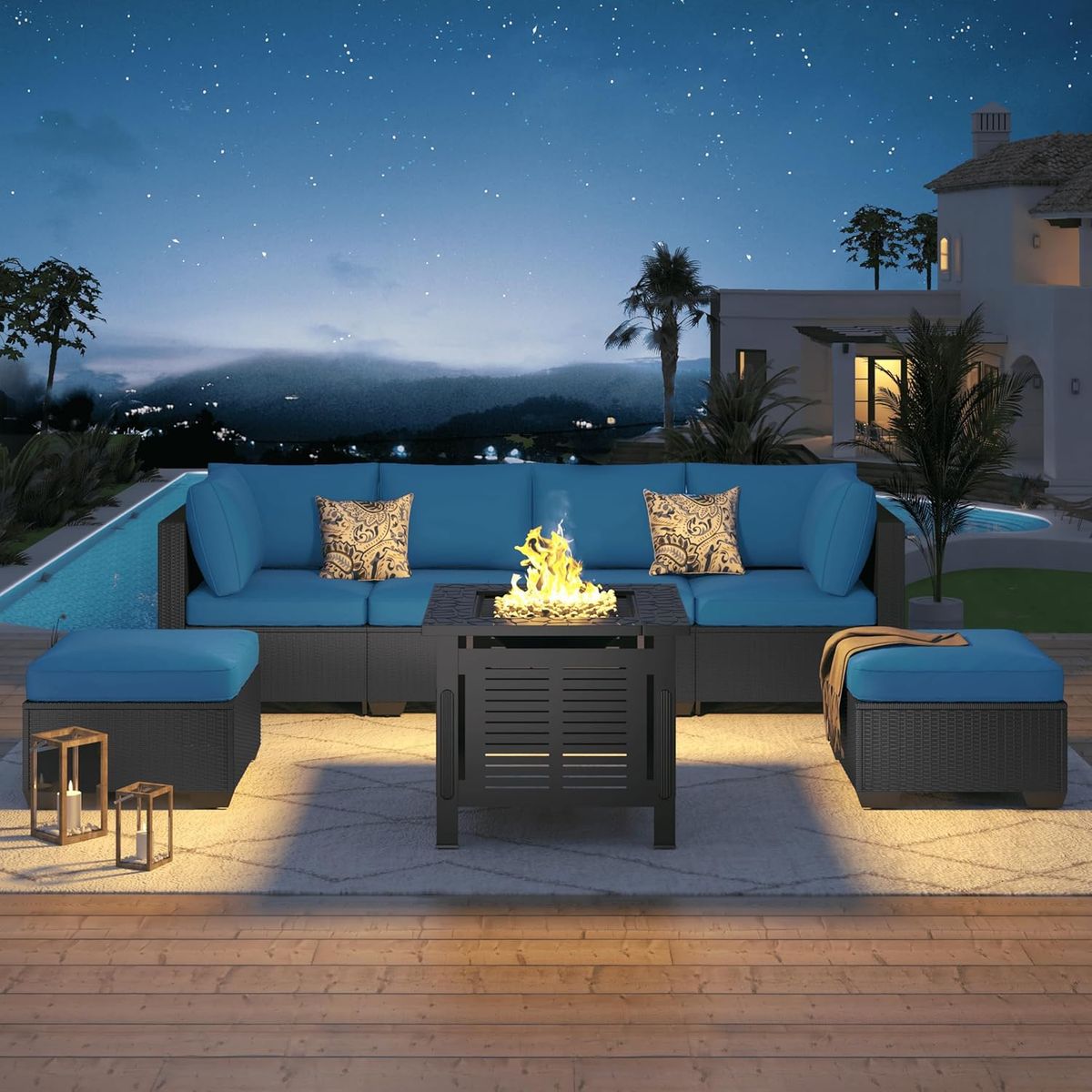 7 Piece Outdoor Patio Furniture Set with Fire Pit Table - 16002BKPBU+16533BK-UG01
