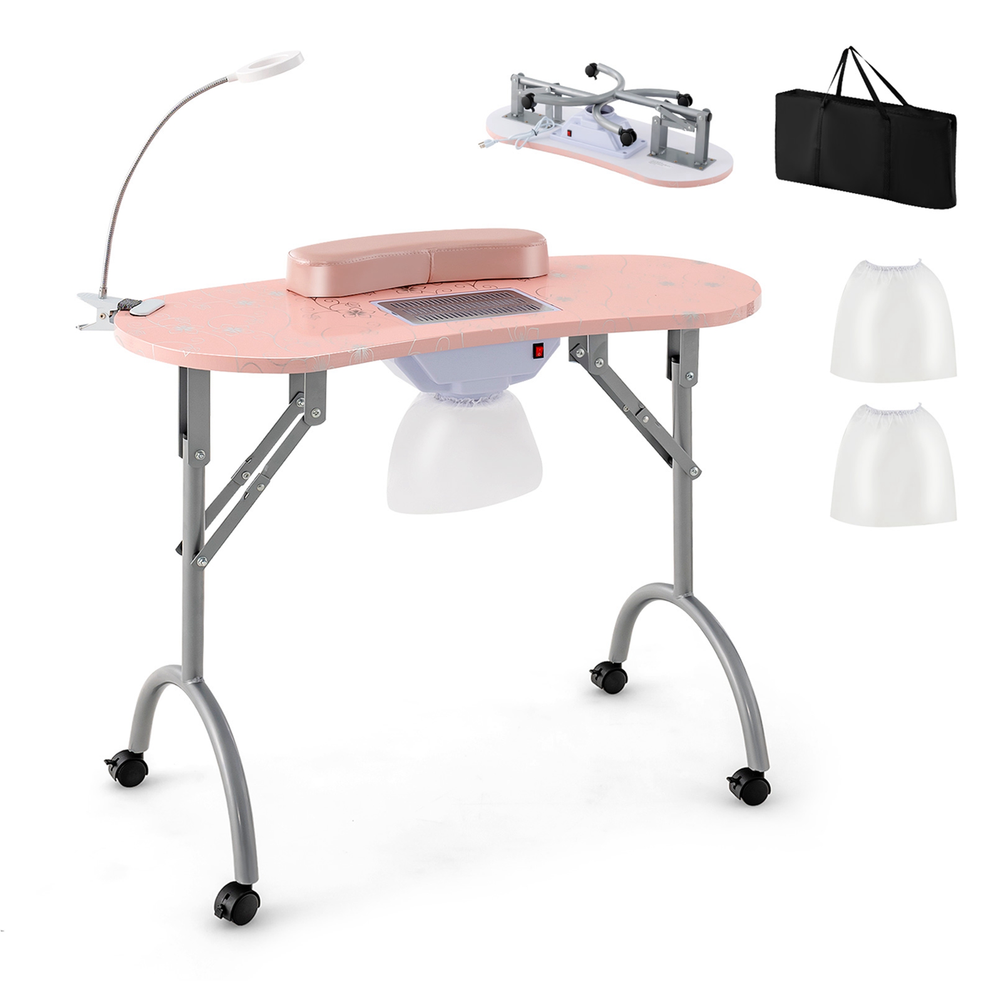 Manicure Nail Table with Bendable USB-Plug LED Table Lamp - Pink