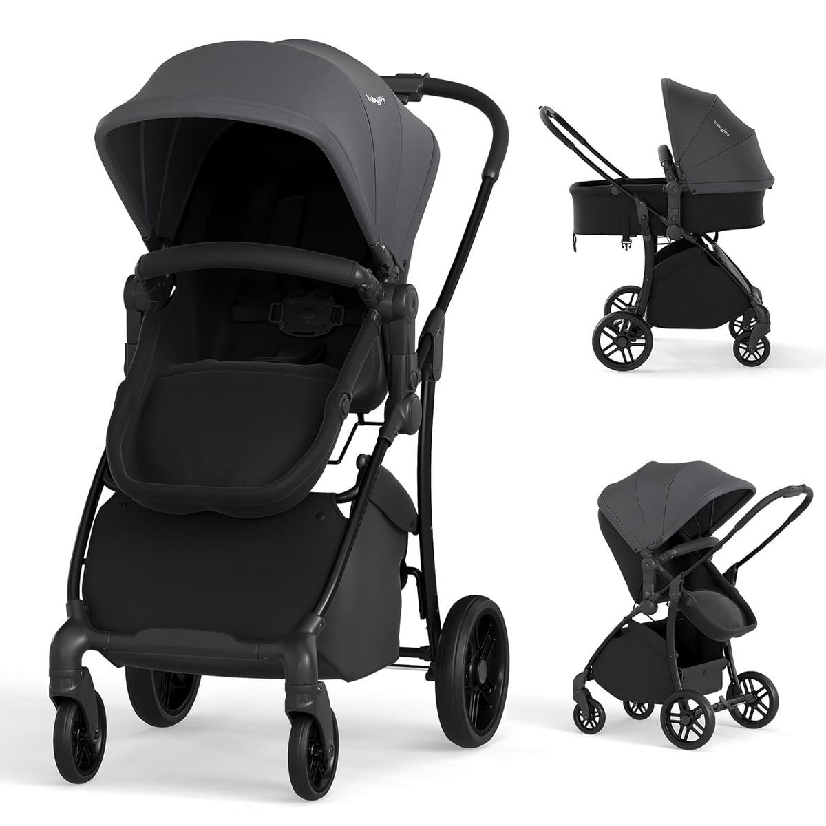 2-in-1 High Landscape Baby Stroller with Storage Basket - Gray