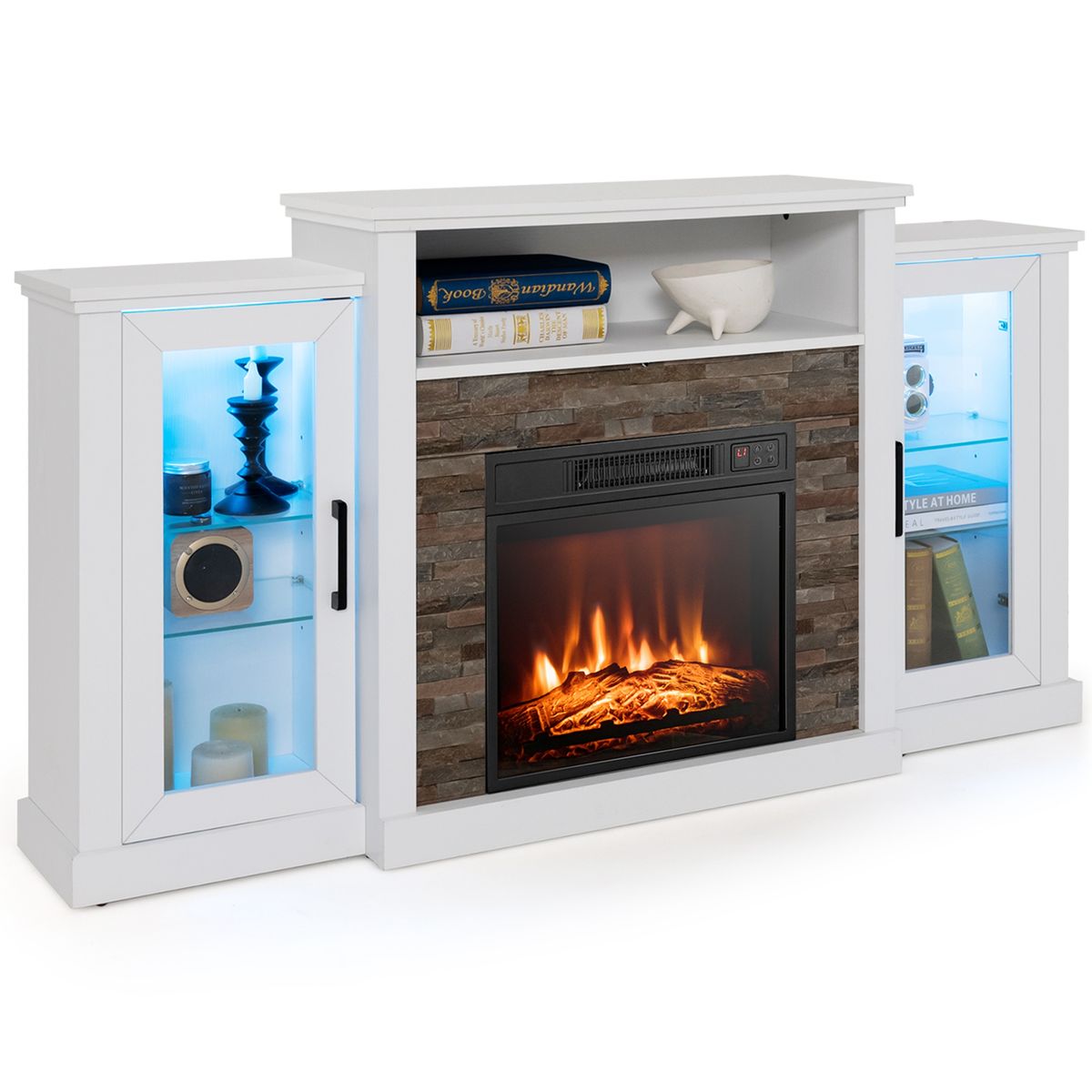 Fireplace Tv Stand with Led Lights & Electric Fireplace For 65" Wall-Mounted Tv - White