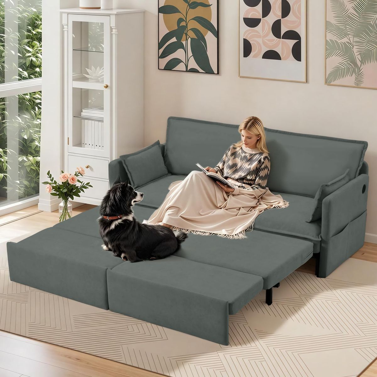 72" Pull Out Sofa Bed with USB Ports and Side Pockets - Dark Gray