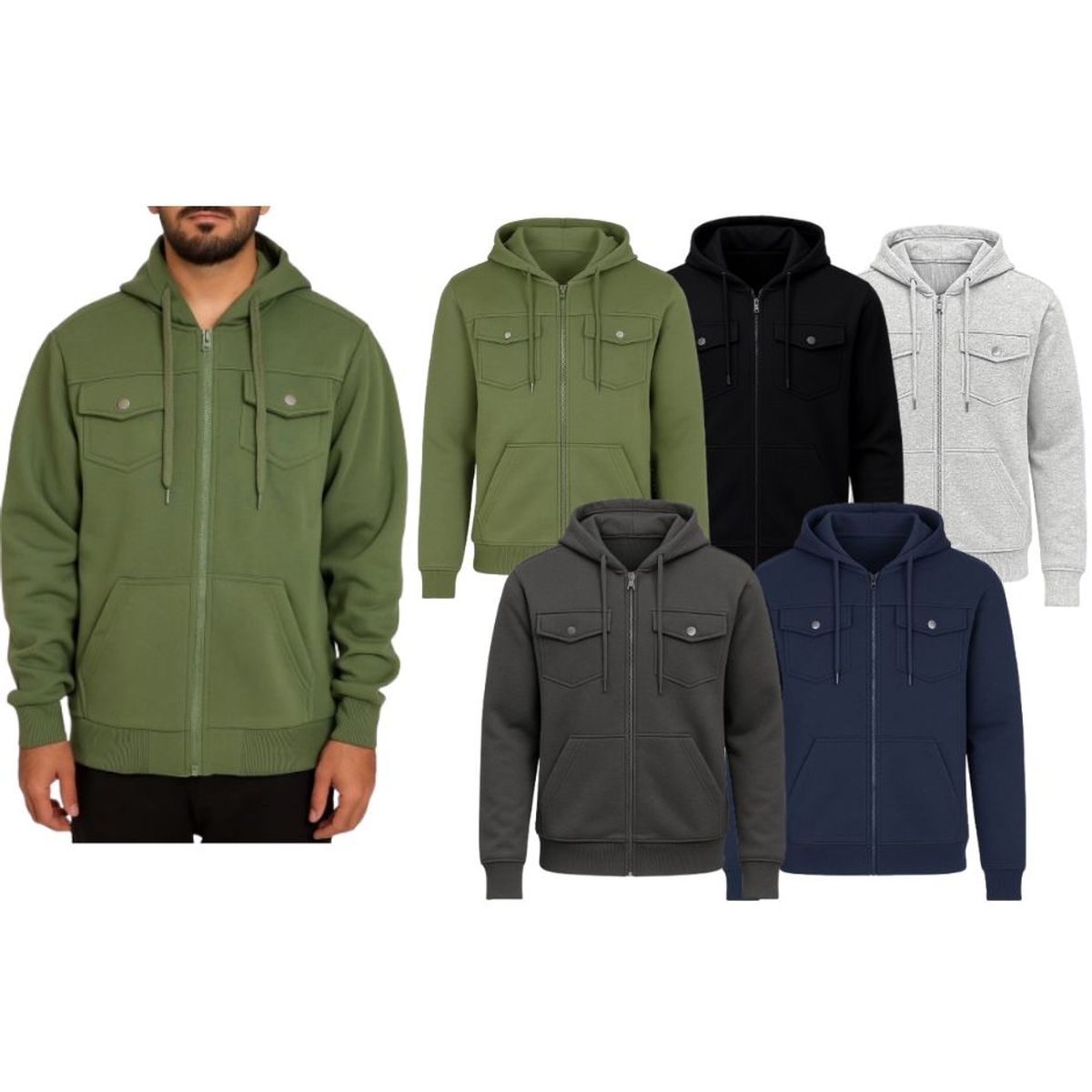 Men's Fleece Full Zip Hoodies with Chest Pockets (2-Pack)  - Medium