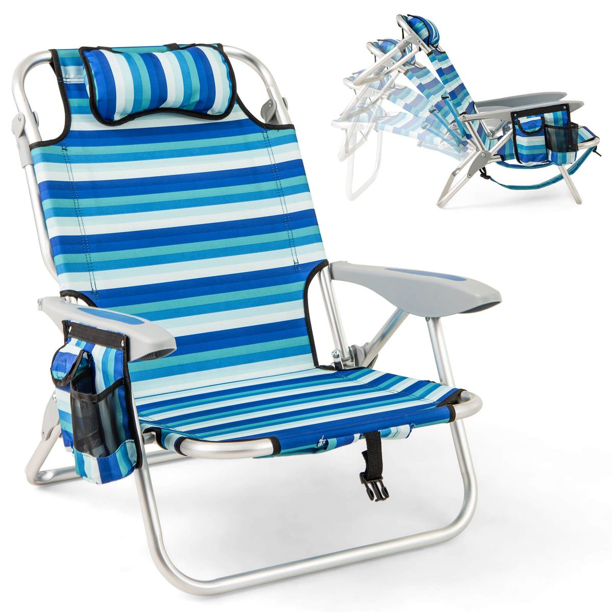 Folding Beach Chair with Adjustable Backrest and Storage Pockets - 1 PCS