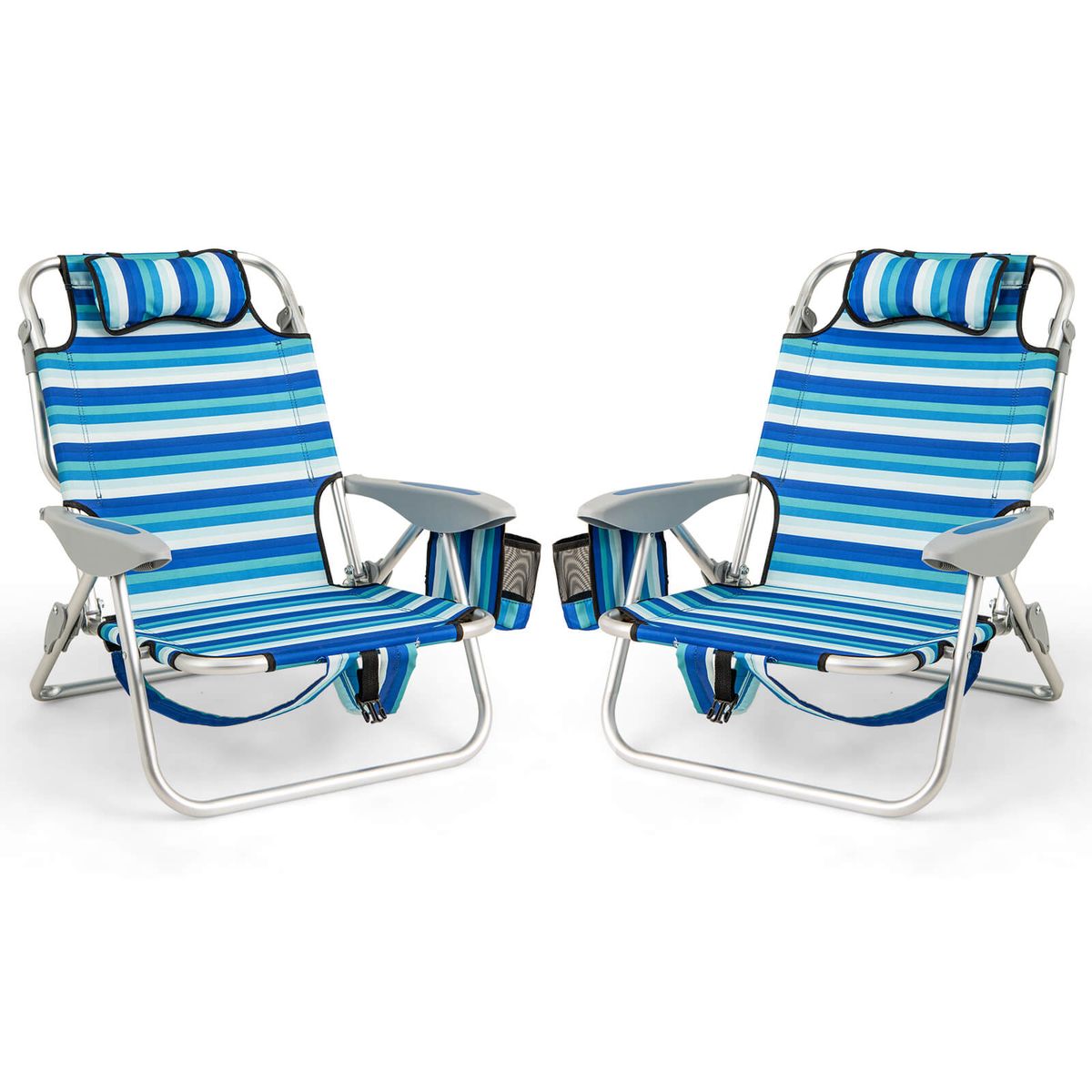 Folding Beach Chair with Adjustable Backrest and Storage Pockets - 2 PCS