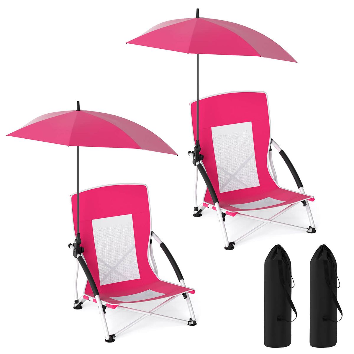 Portable Beach Umbrella Chair with Parasol and Tilt-Adjustable Knob - Pink-2