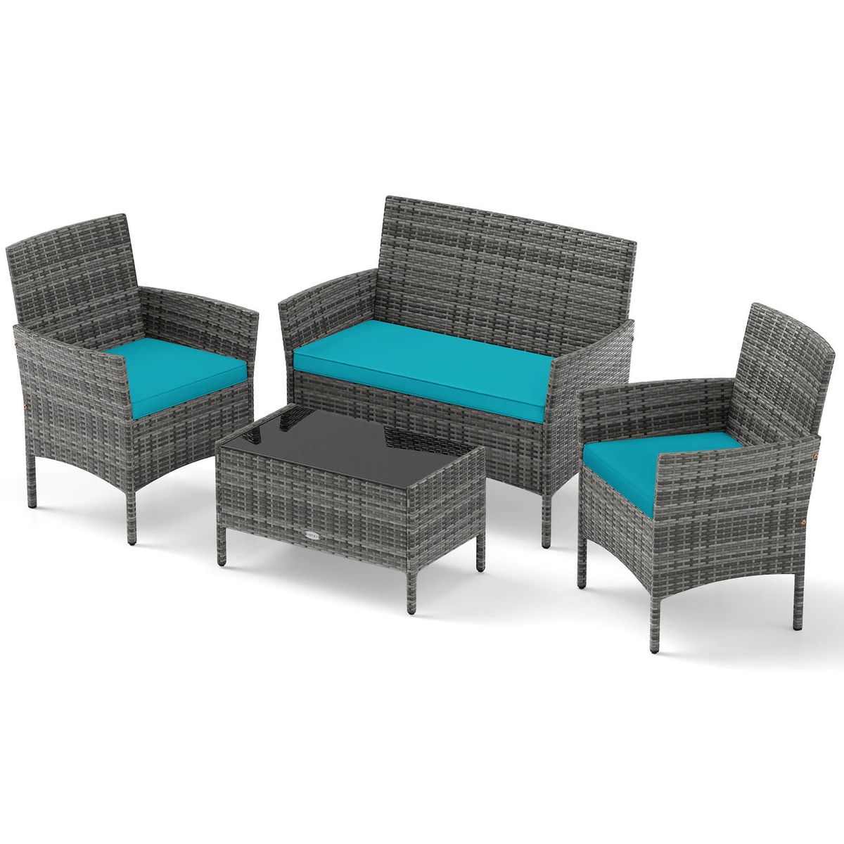 4-Piece Patio Furniture Set with Tempered Glass Coffee Table - Turquoise