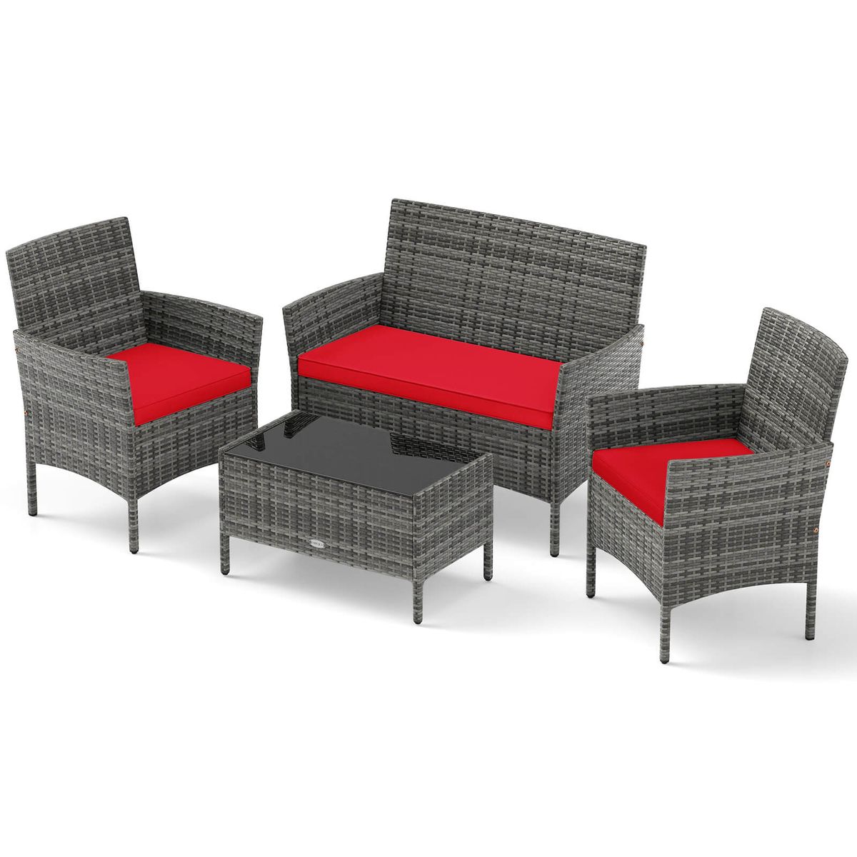 Photos - Garden Furniture Costway 4-Piece Patio Furniture Set with Tempered Glass Coffee Table - Red Cushion HCST08485 