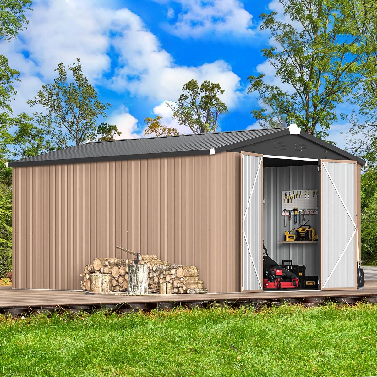10' x 14' Outdoor Storage Shed with Lockable Doors - Gray