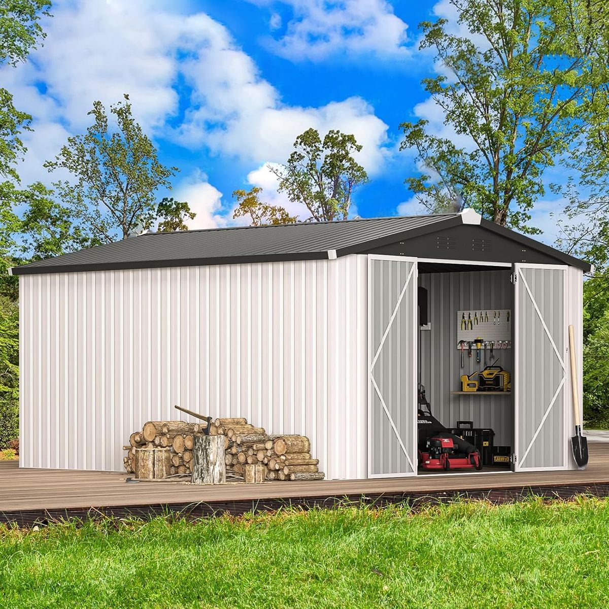 10' x 14' Outdoor Storage Shed with Lockable Doors - White