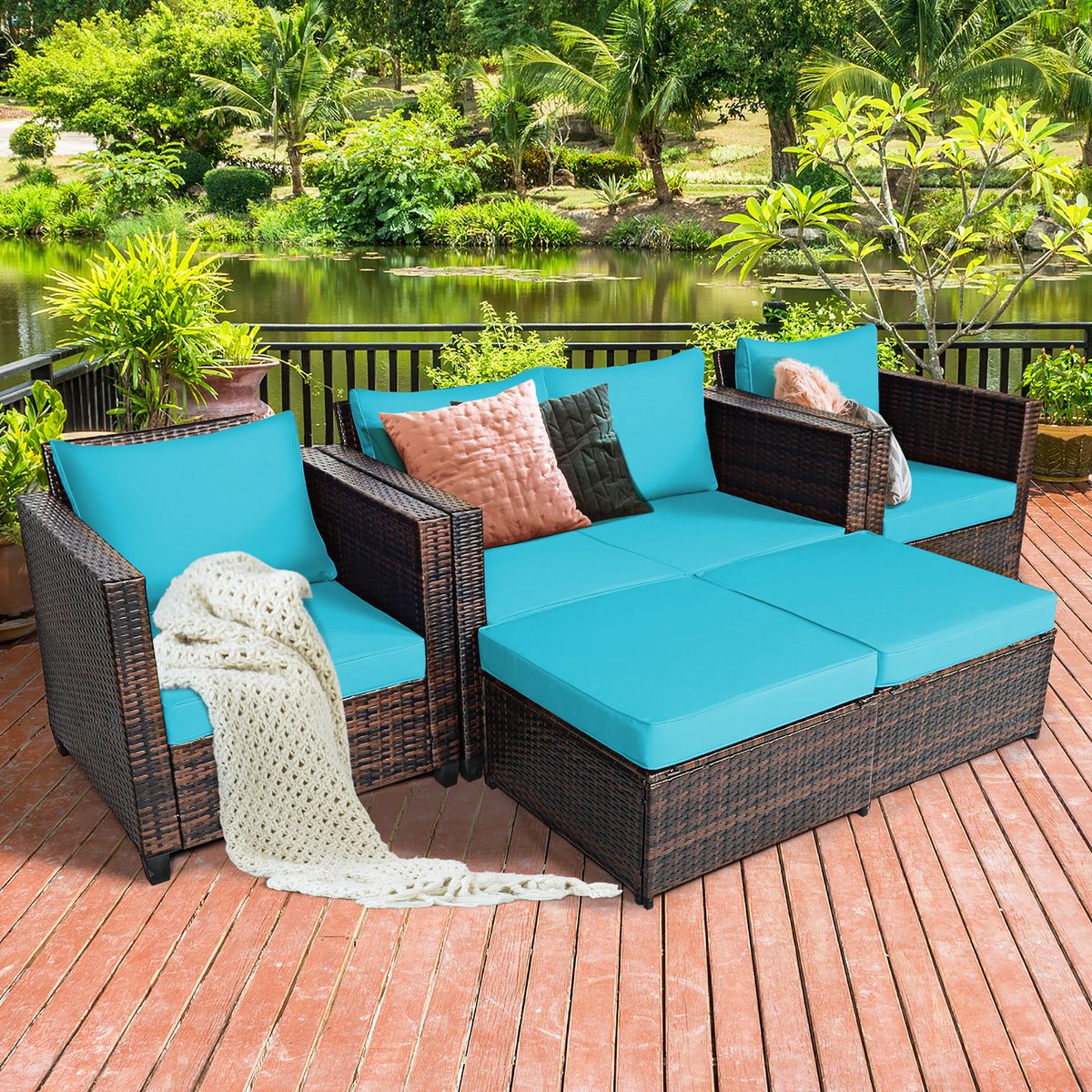 Photos - Garden Furniture Costway Rattan 5-Piece Cushioned Patio Set - Turquoise HW67697TU+-UNTIL