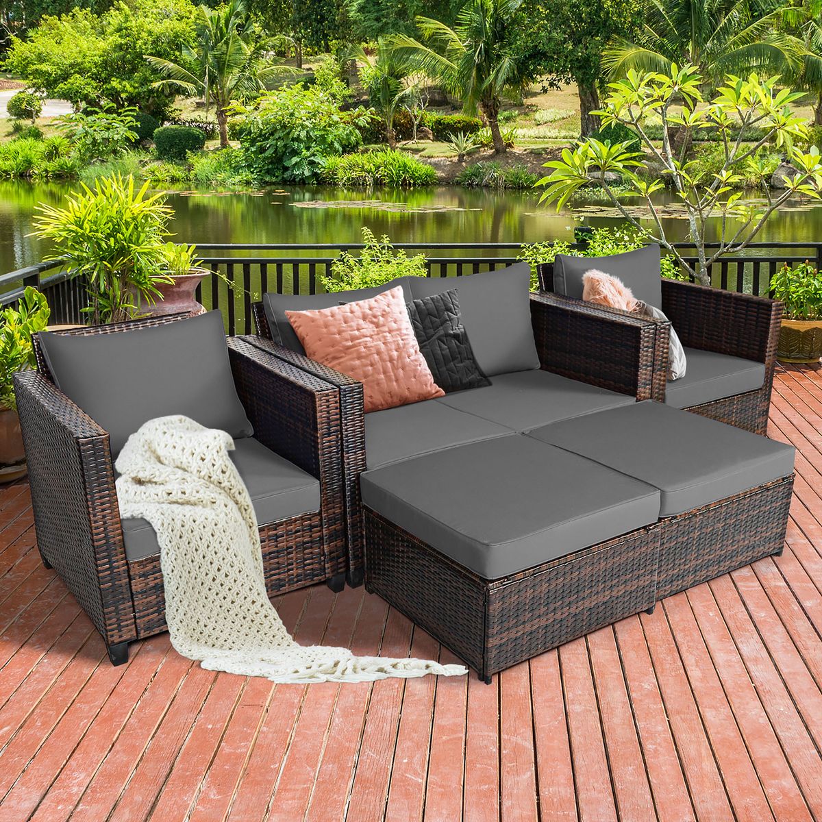 Rattan 5-Piece Cushioned Patio Set - Gray