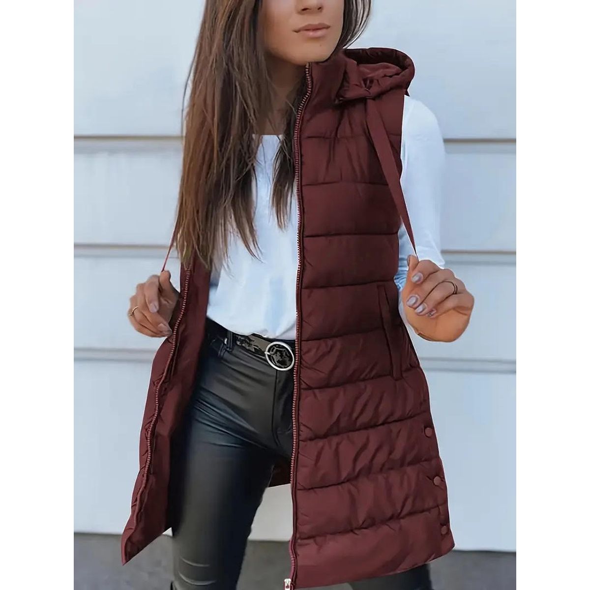 Women's Long Winter Puffer Vest - RED, MEDIUM