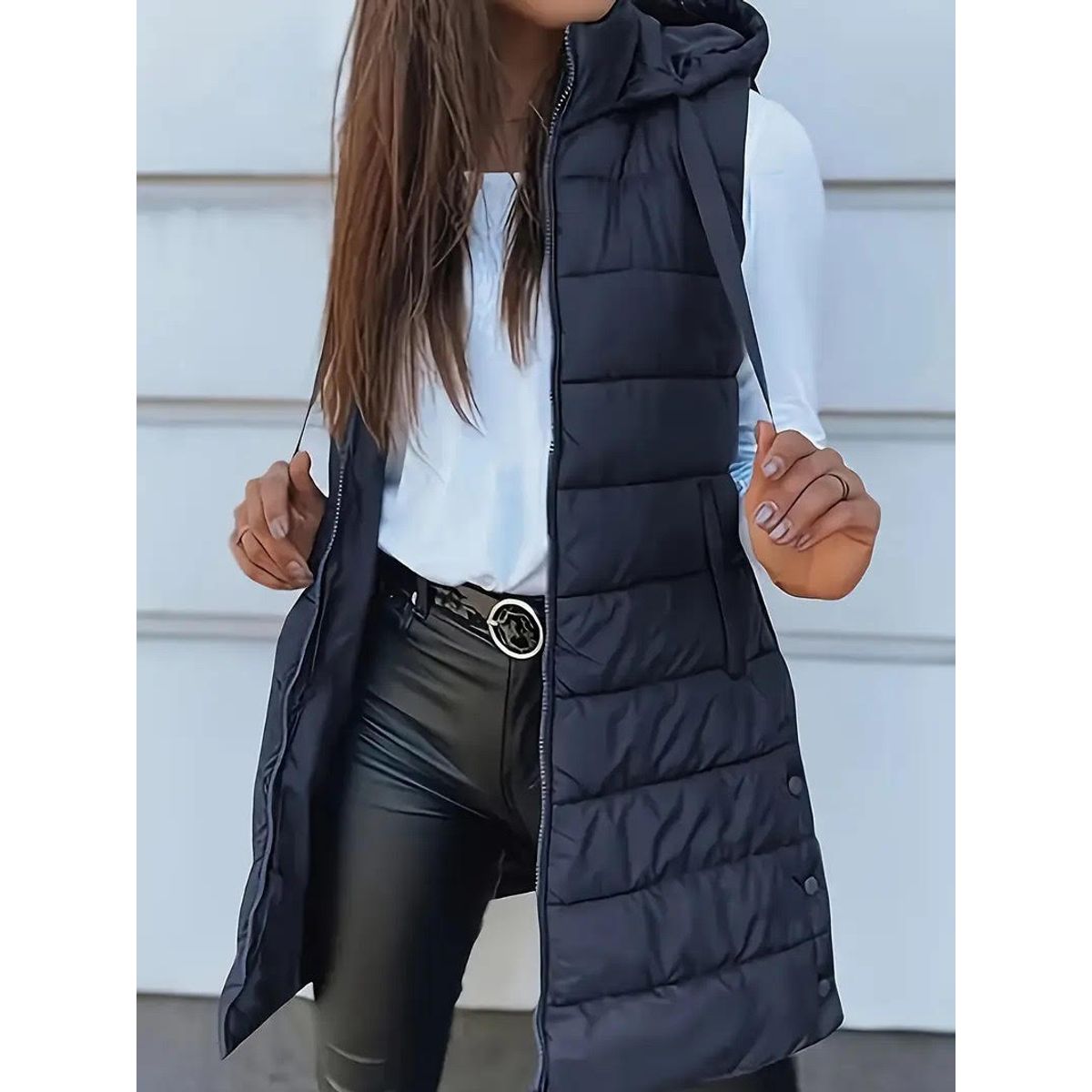 Women's Long Winter Puffer Vest - BLUE, SMALL