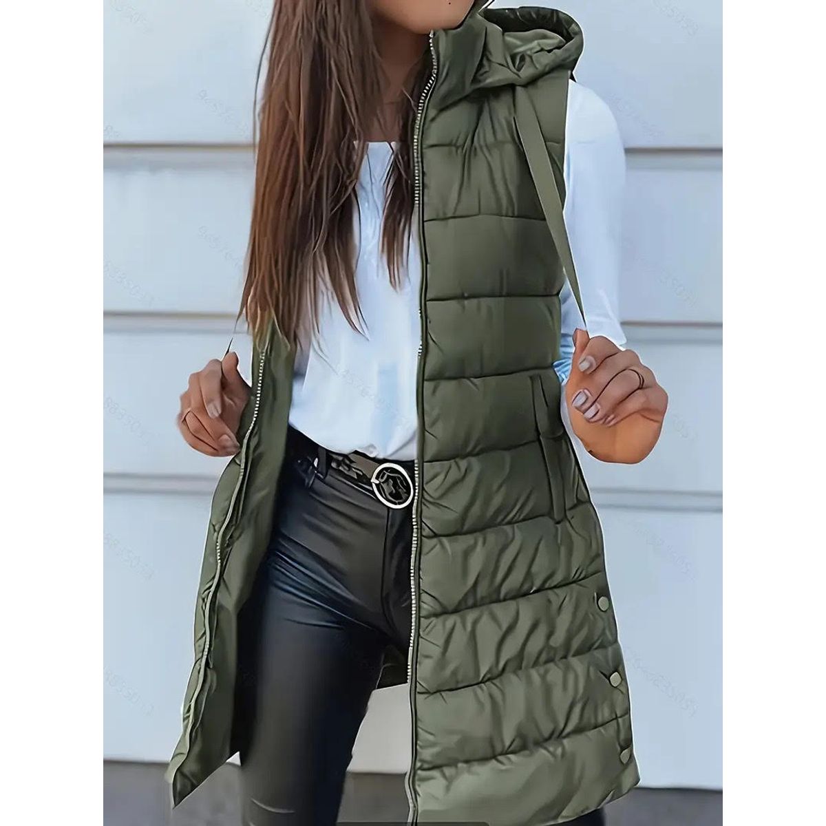 Women's Long Winter Puffer Vest - GREEN, LARGE