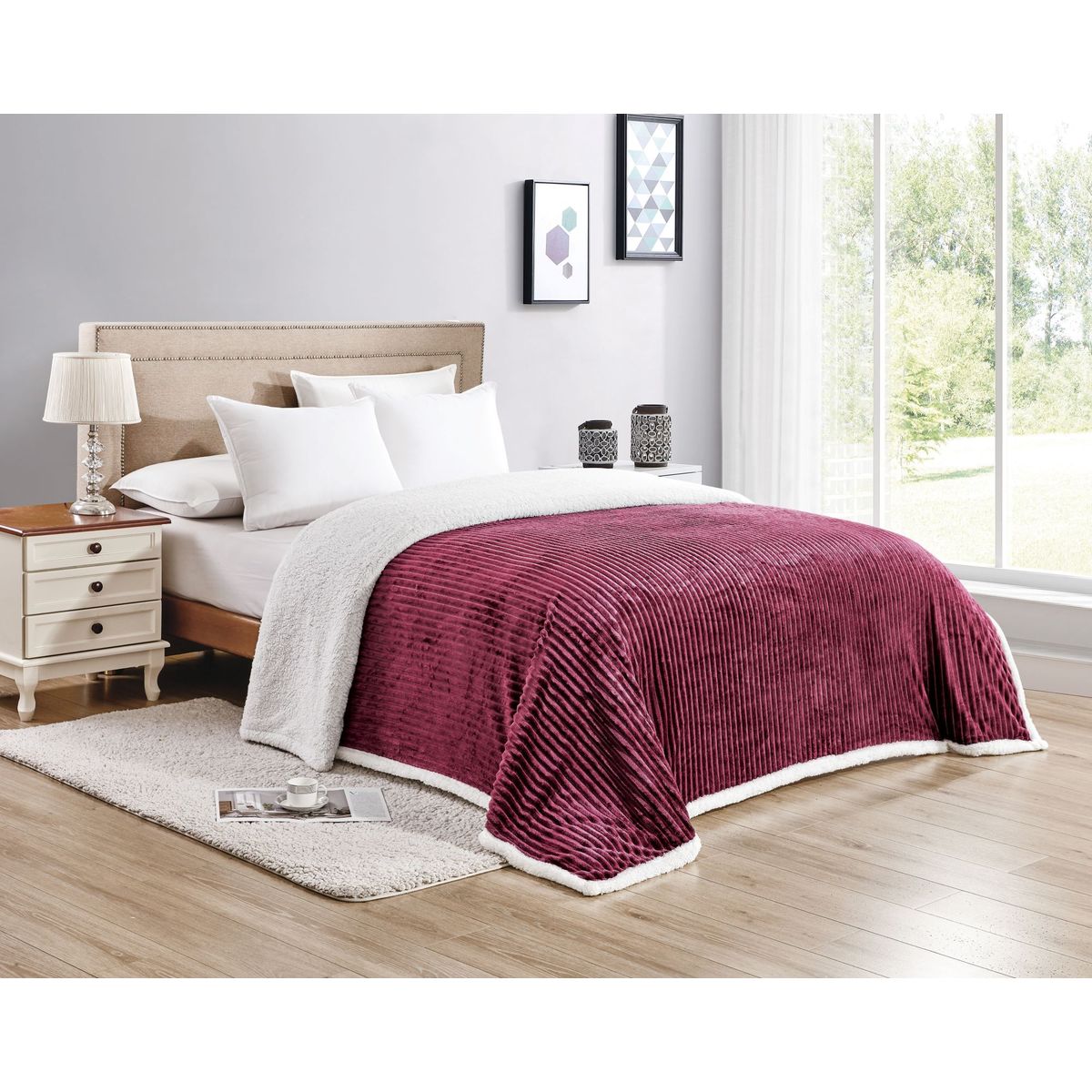 Ultra-Soft Sherpa and Corduroy Reversible Blanket - Queen - Burgundy