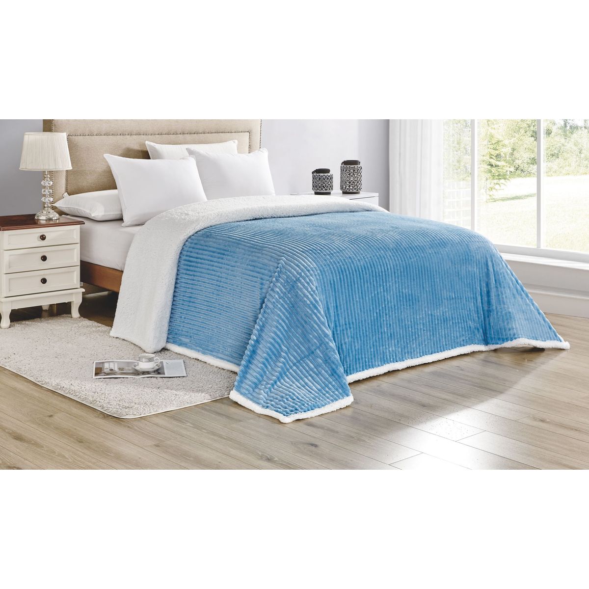 Ultra-Soft Sherpa and Corduroy Reversible Blanket - King-Light Blue