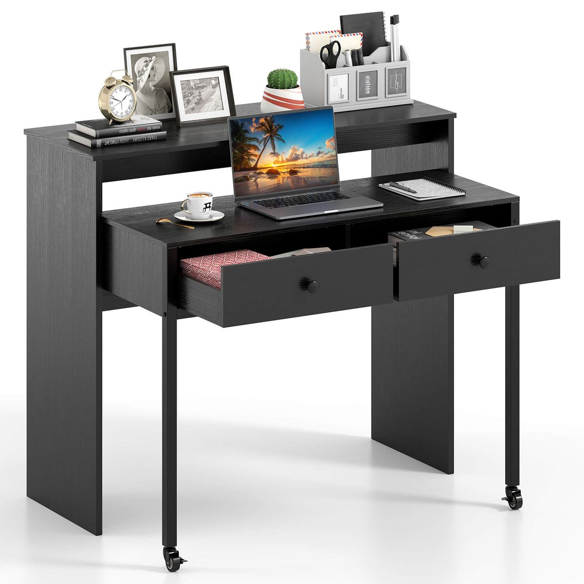 39.5" Expandable Rolling Computer Desk with Monitor Shelf - Black