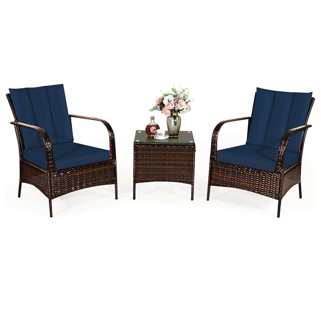 Rattan Outdoor 3-Piece Chair & Table Set - Blue