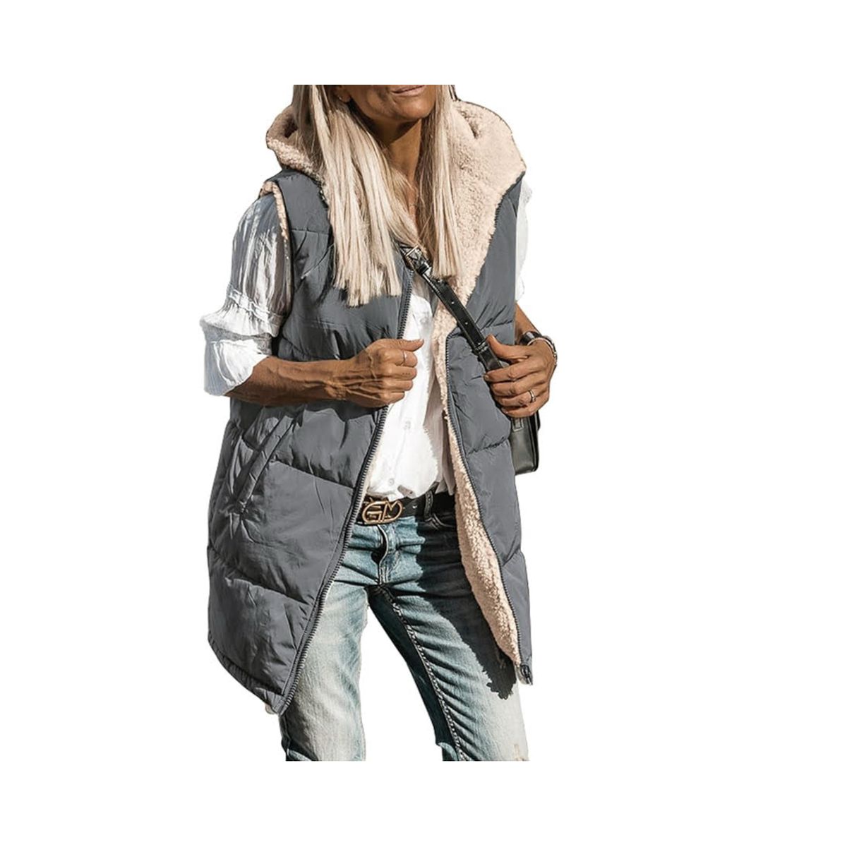 Reversible Puffer Fleece Vest - Grey, M