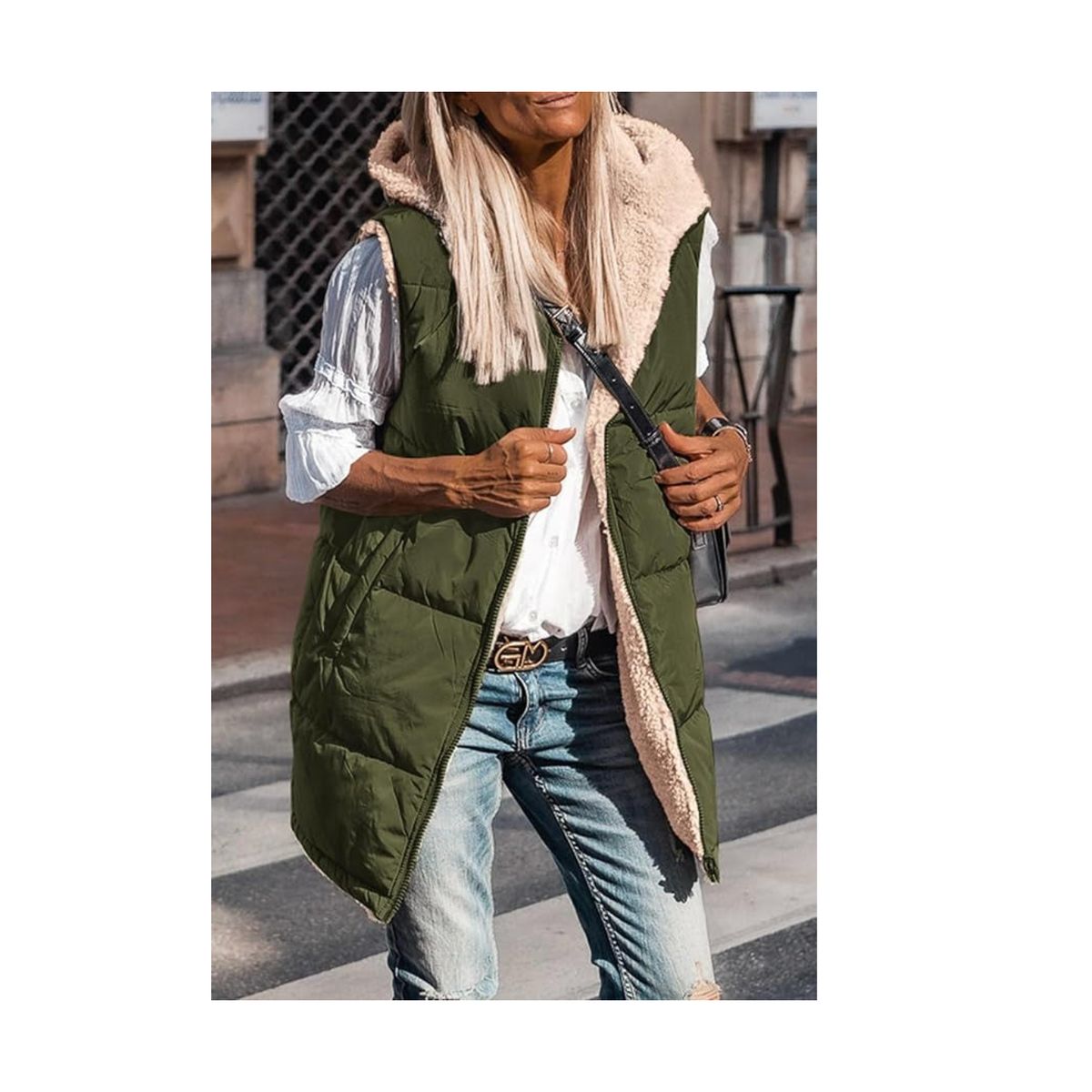 Reversible Puffer Fleece Vest - Army Green, XL