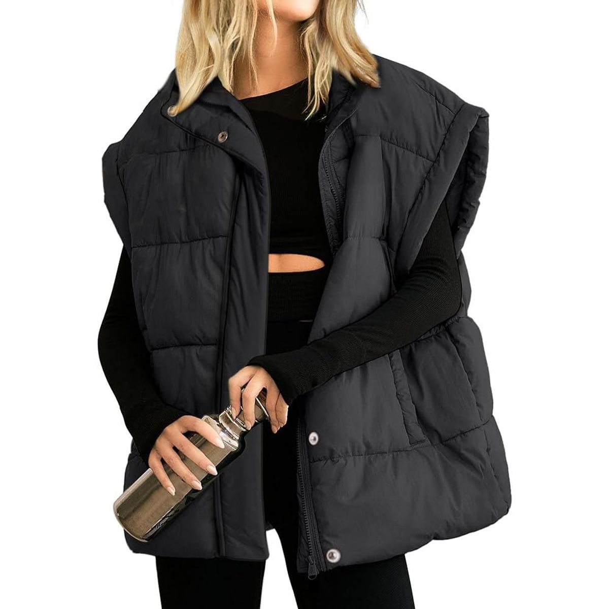 Women's Oversized Puffer Vest  - Black, XL