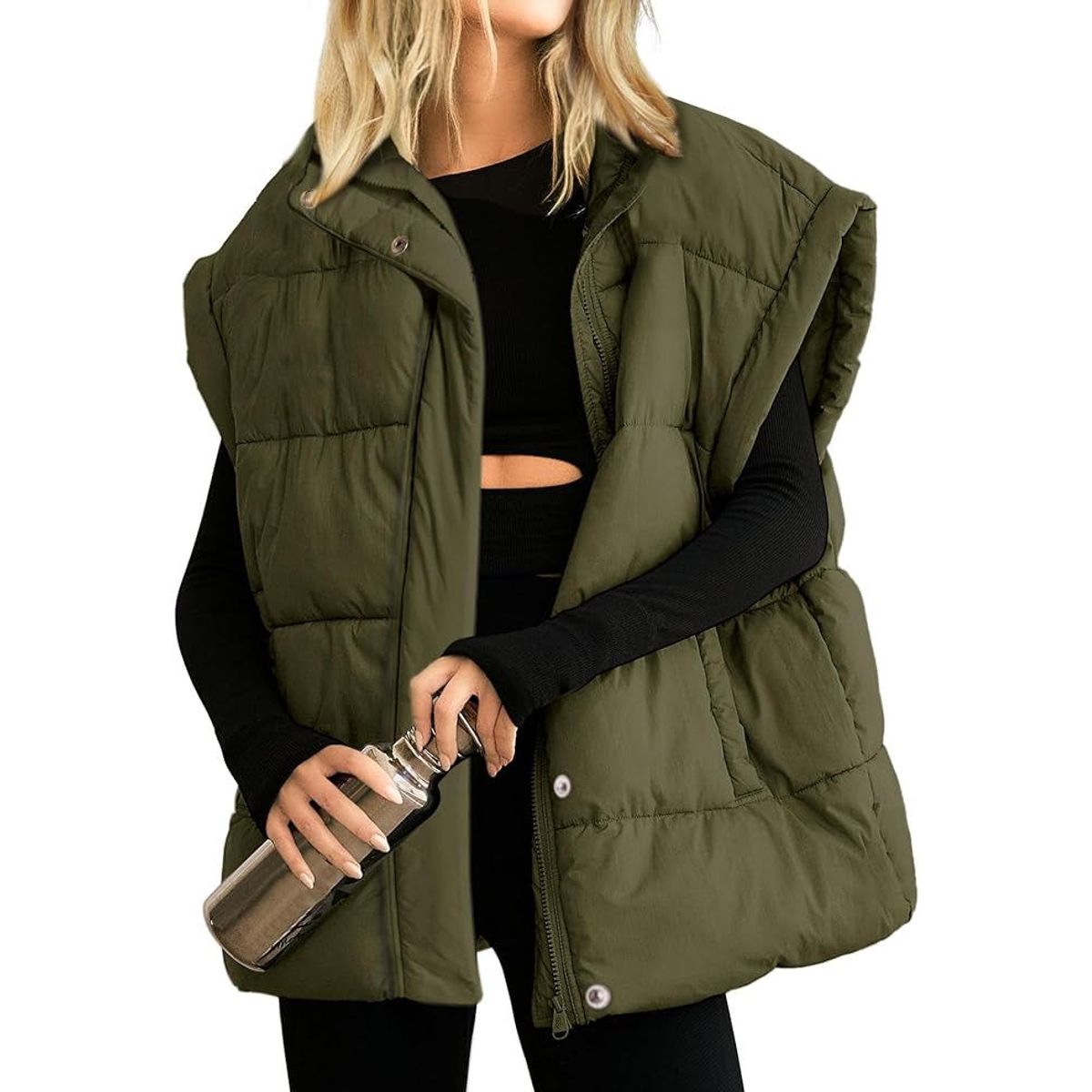 Women's Oversized Puffer Vest  - Army Green, XXL