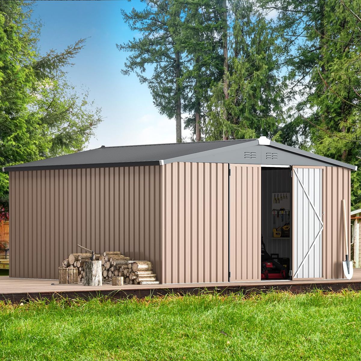 12' x 12' Outdoor Storage Shed with Lockable Doors - Gray