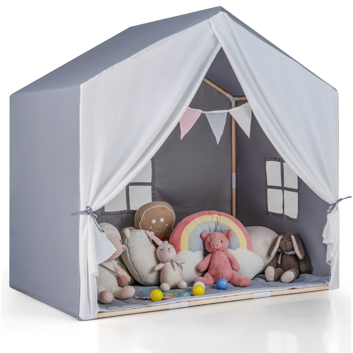 Kids' Play Tent with Washable Cotton Mat & Flag Banner - Gray