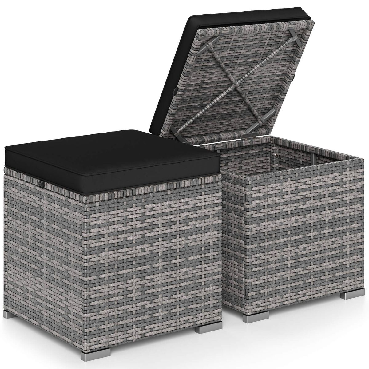Patio Rattan Ottomans with Hidden Storage Space (Set of 2) - 2PCS Patio Ottomans BK