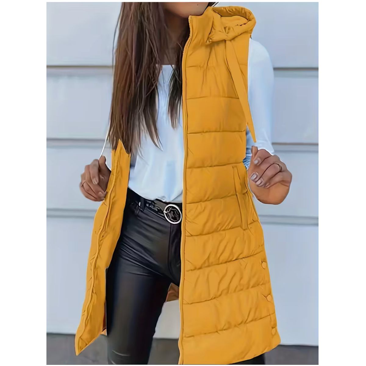 Women's Long Winter Puffer Vest - YELLOW, SMALL