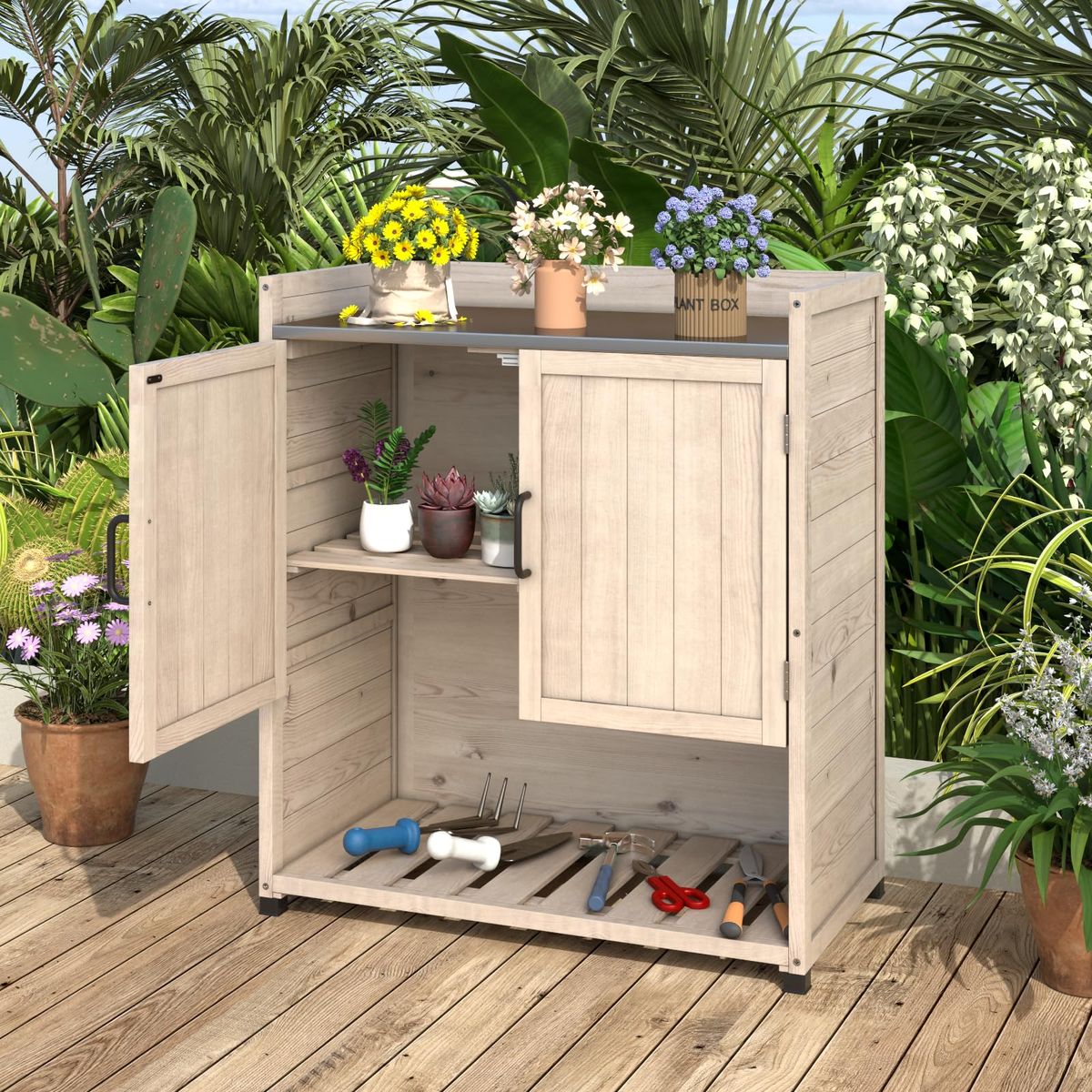 Outdoor Wooden Storage Cabinet with Adjustable Shelf - Beige