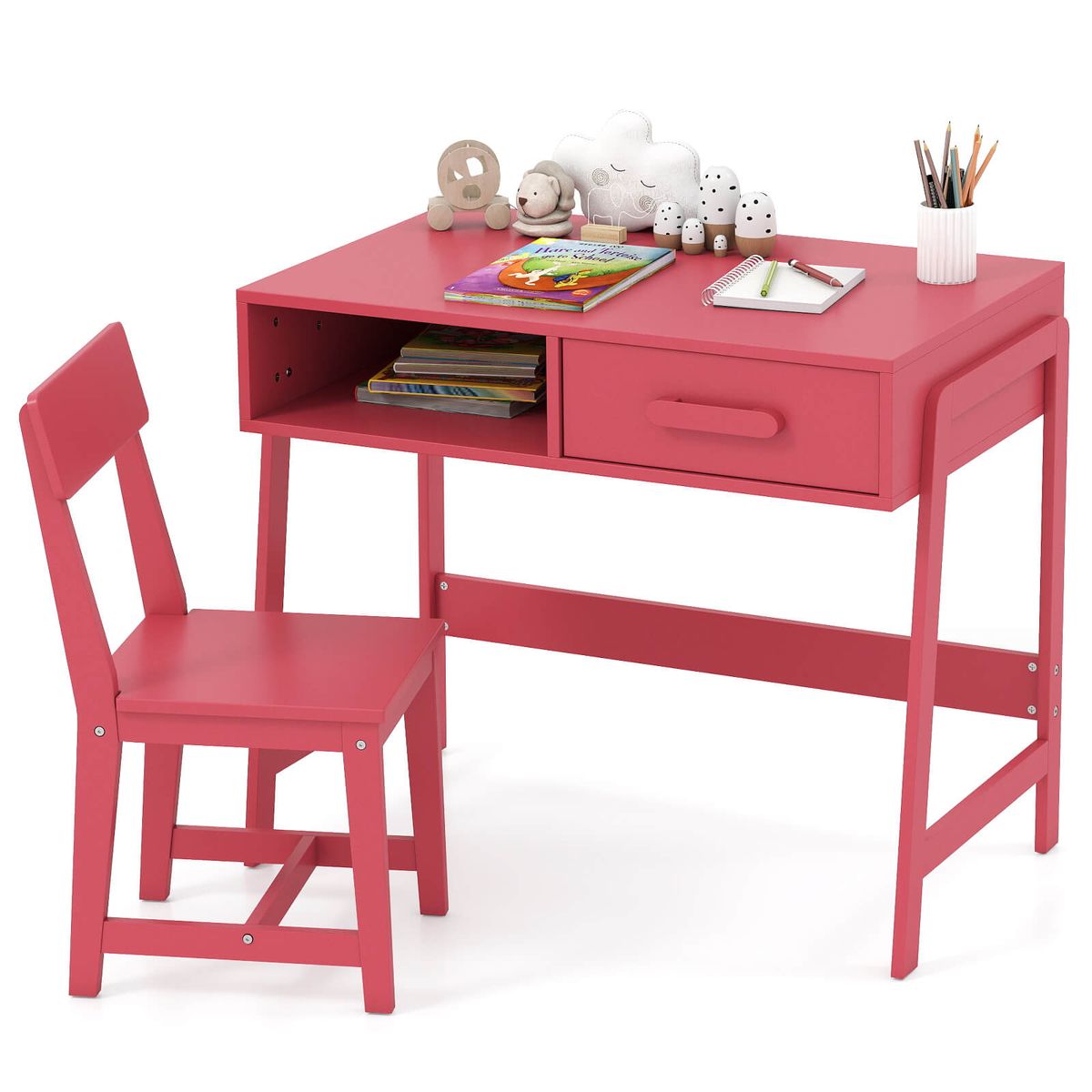 Kids Desk and Chair Set with Storage Drawer - Pink-image-SKU15241632