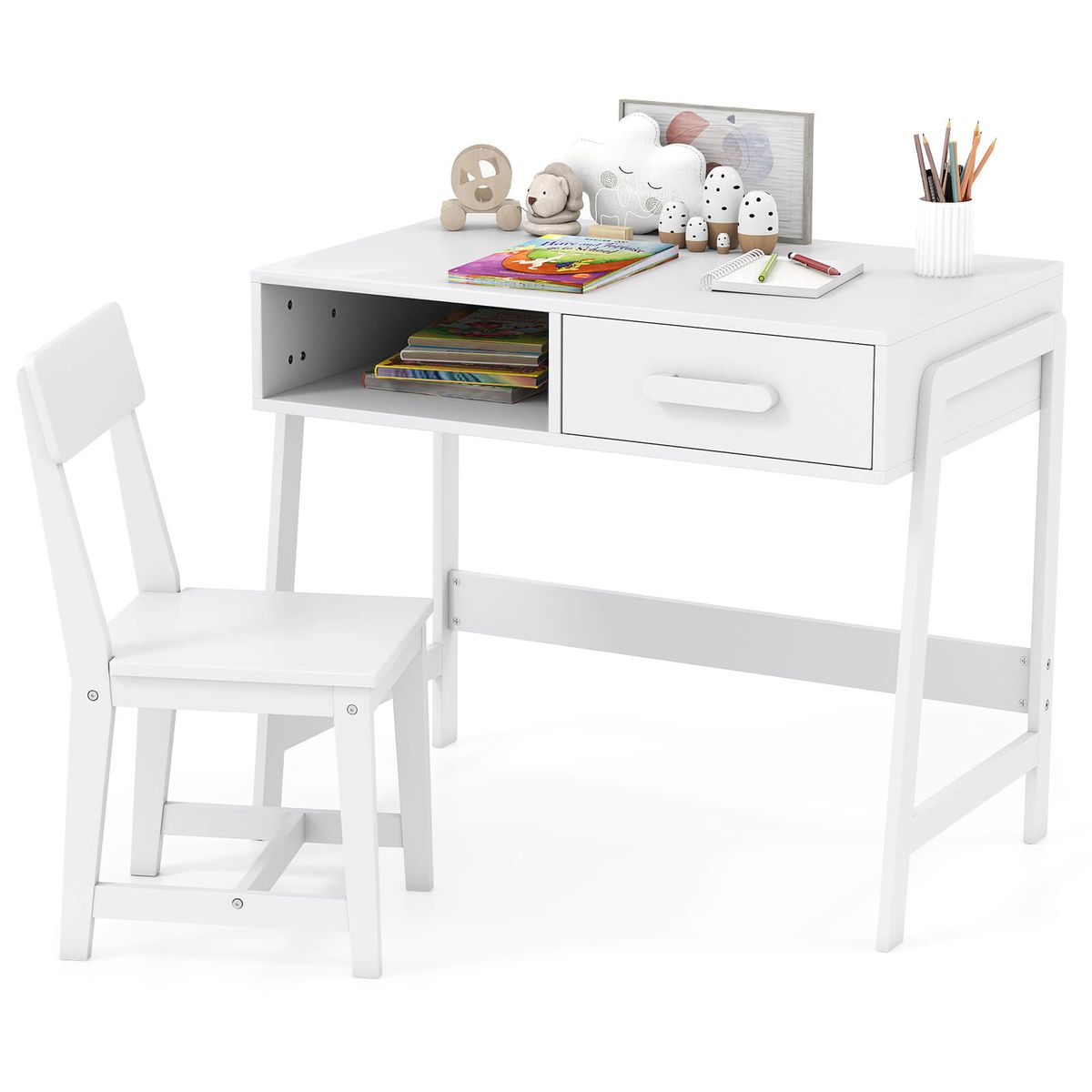 Kids Desk and Chair Set with Storage Drawer - White