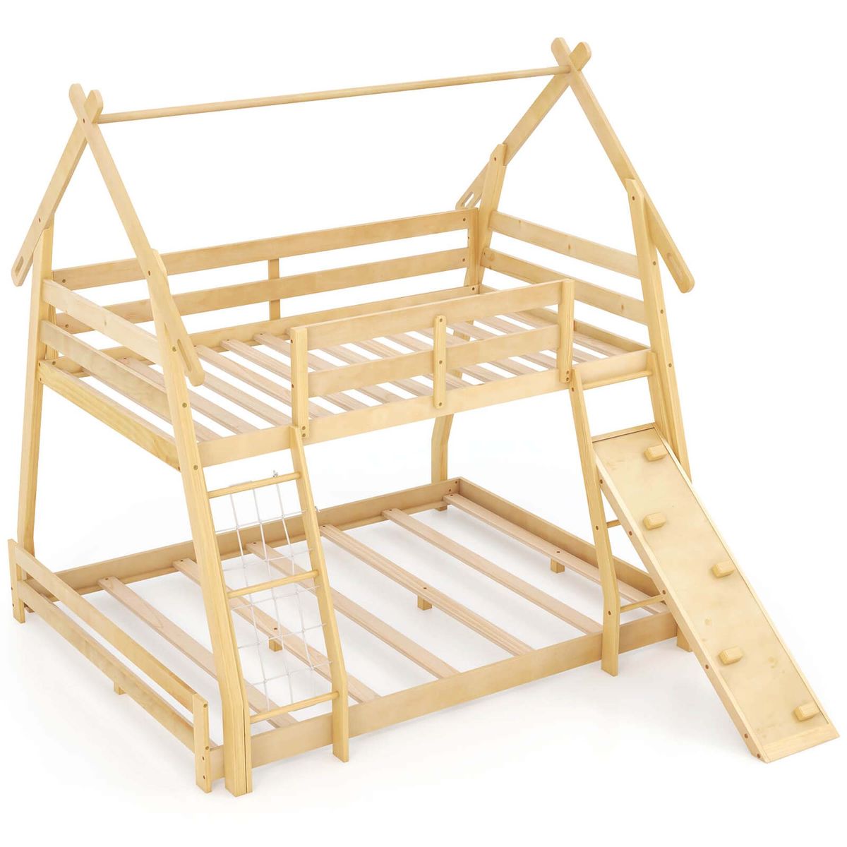Twin-Over-Queen House Shaped Bunk Bed Frame - Natural