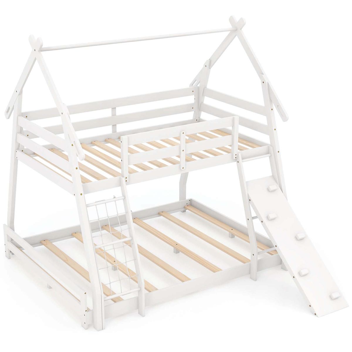 Twin-Over-Queen House Shaped Bunk Bed Frame - White