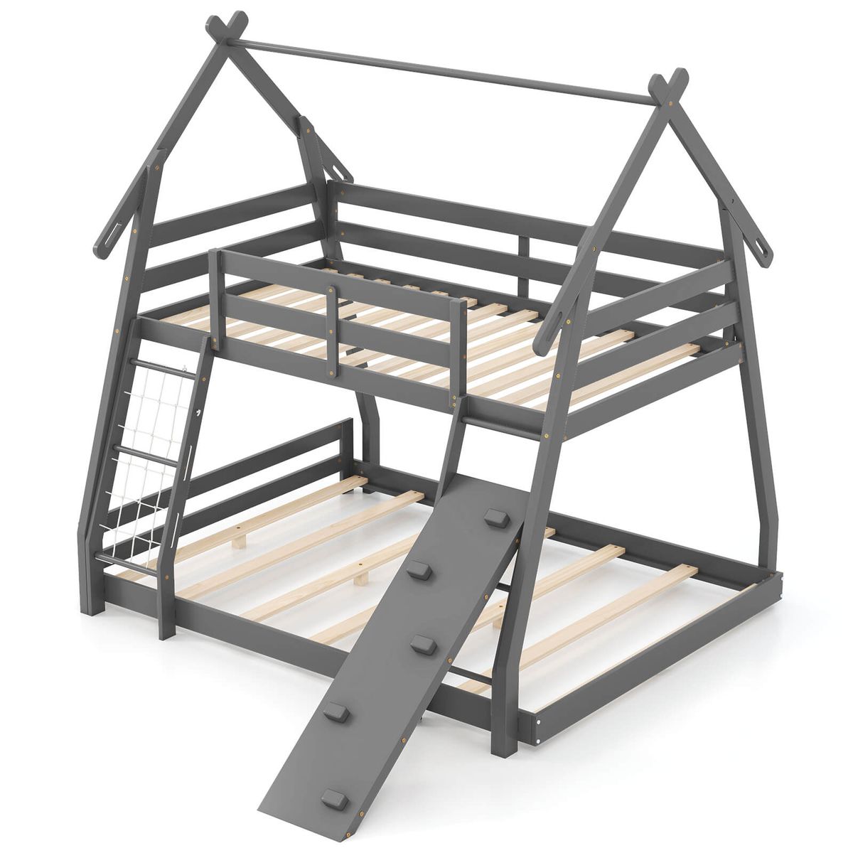 Photos - Bed Frame Costway Twin-Over-Queen House Shaped Bunk - Gray HCST07712