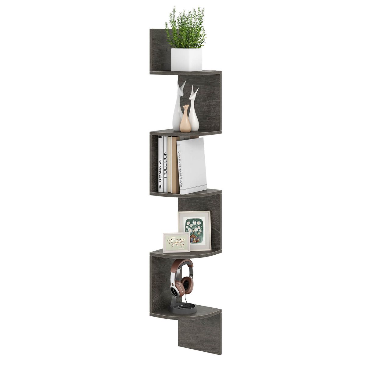 5-Tier Floating Corner Bookshelf with 90° Angle - Gray, 1-Piece