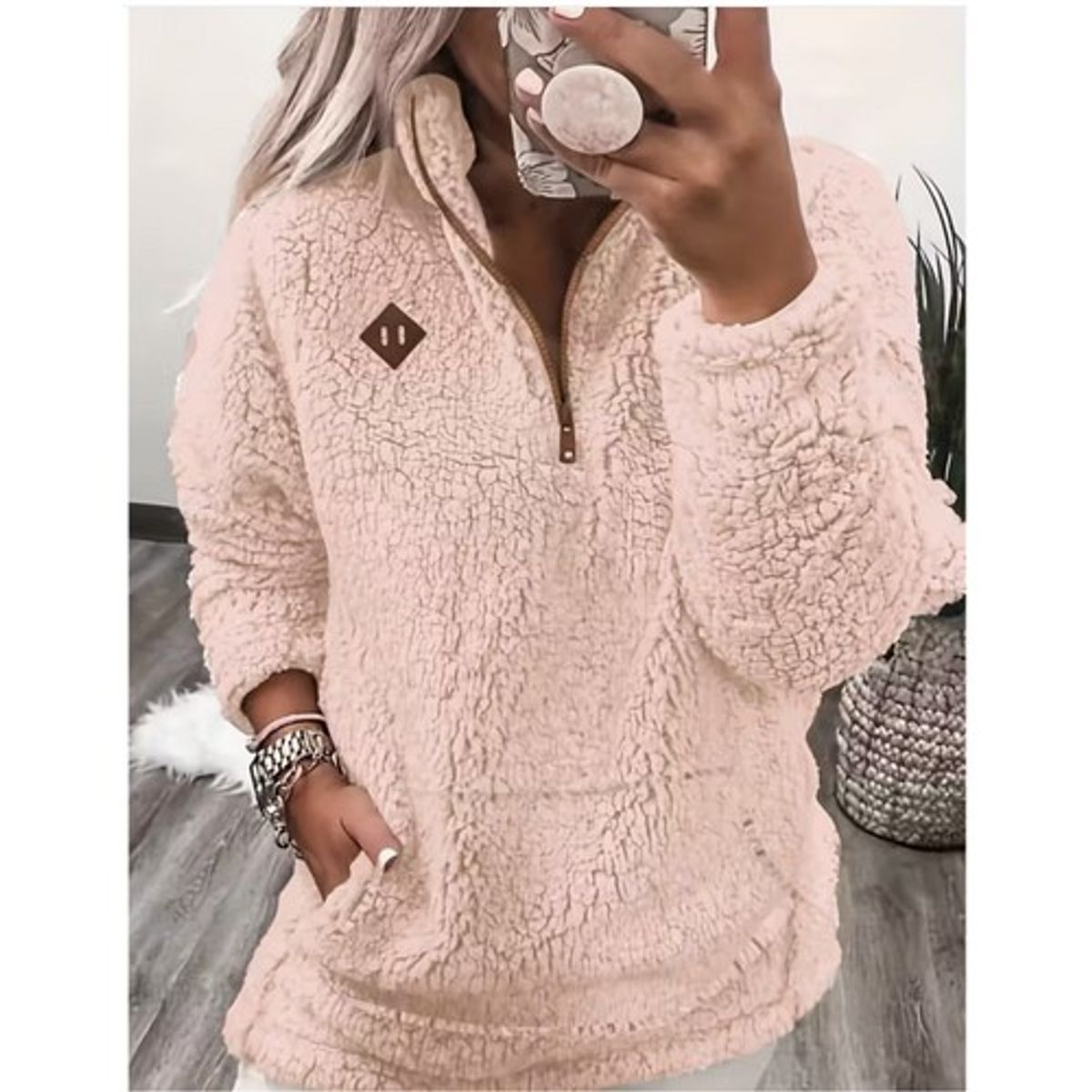 Women's Loose-Fit Teddy Fleece Jacket - Dusty Rose,L