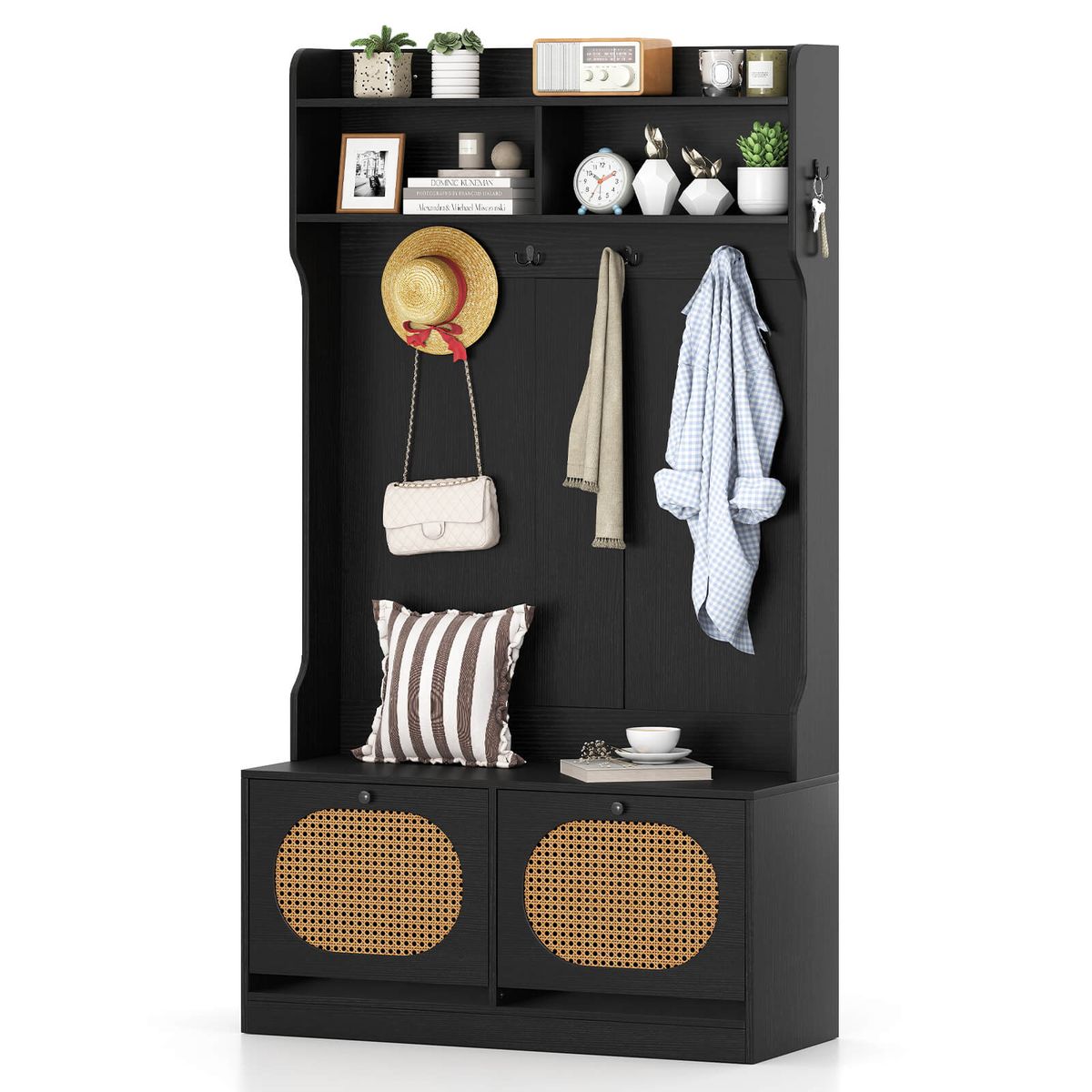 4-In-1 Hall Tree Entryway Bench with Coat Rack - Black