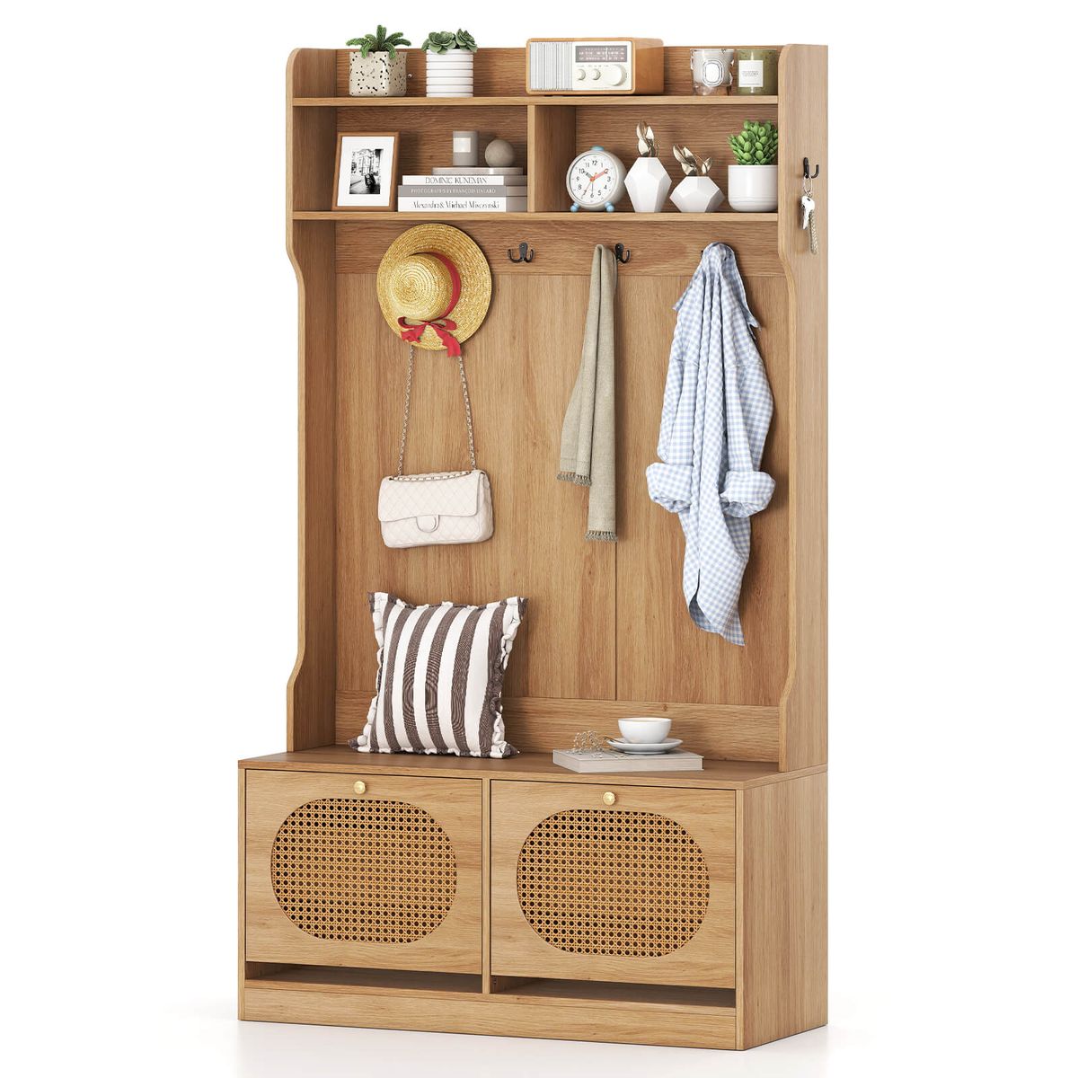 4-In-1 Hall Tree Entryway Bench with Coat Rack - Natural