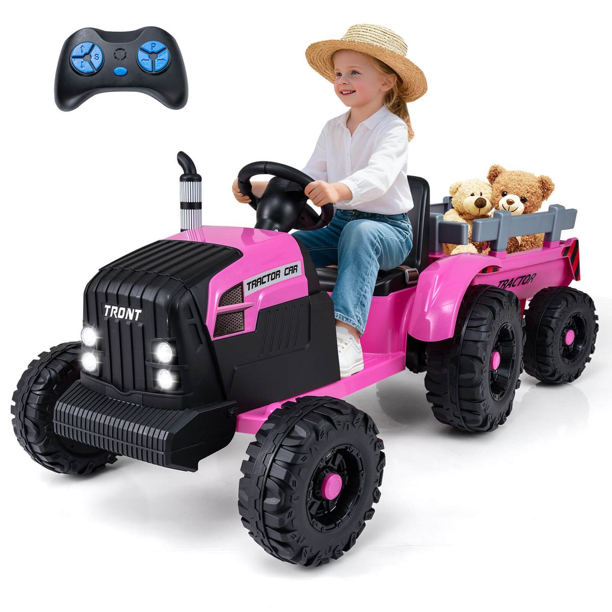 24V Kids' Ride-On Tractor with Detachable Trailer - Pink