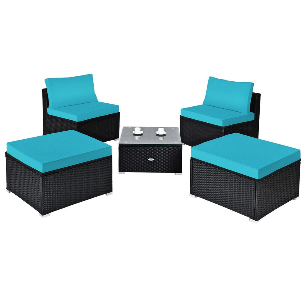 Cushioned Rattan Armless Chair/Ottoman Set with Table - Turquoise