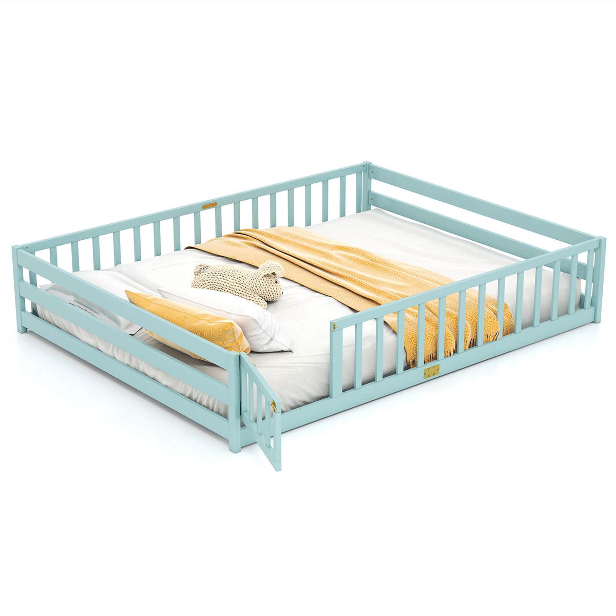Photos - Bed Frame Costway Queen Size Floor Bed with Full Length Safety Guardrails - Icy Aqua HCST10145 