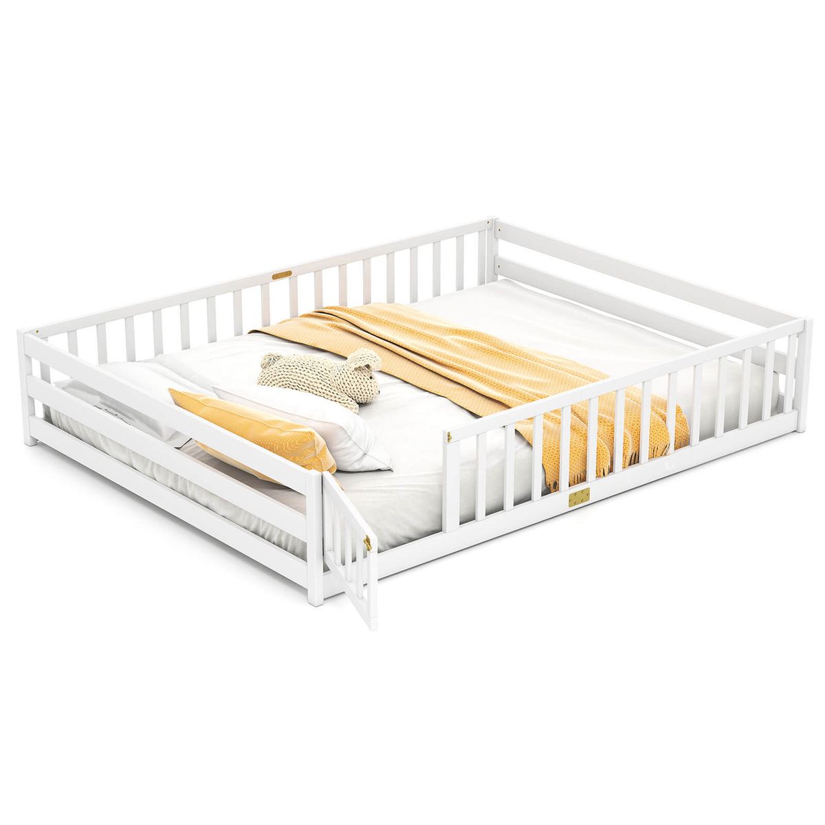 Queen Size Floor Bed with Full Length Safety Guardrails - White