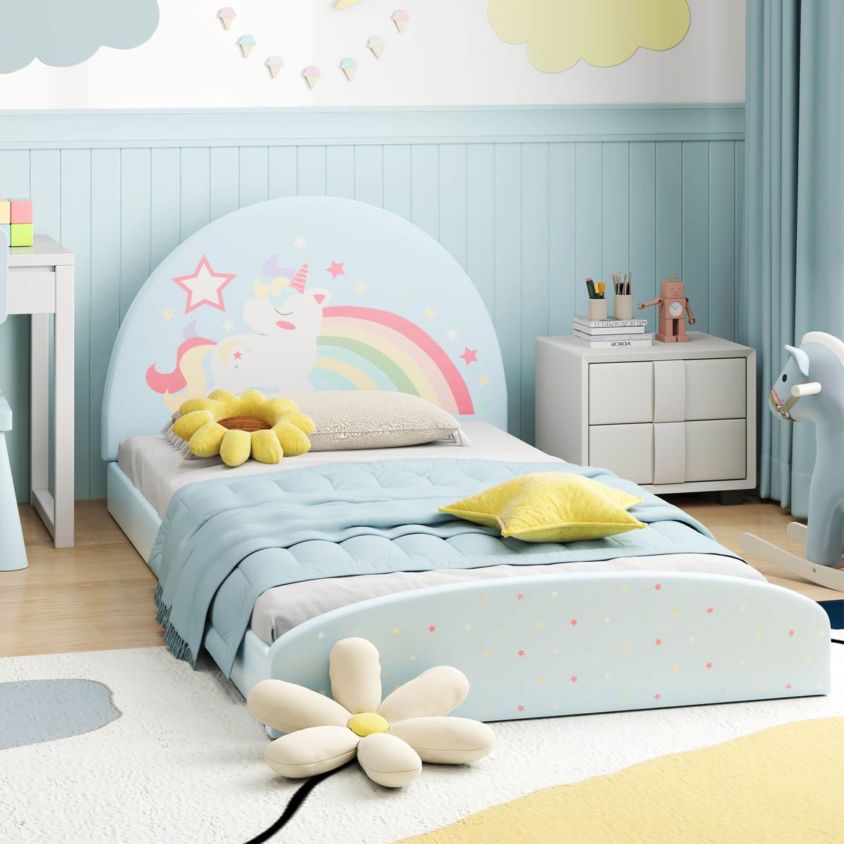 Twin Floor Bed Frame with 210D Oxford Cloth Floor Mat - Blue