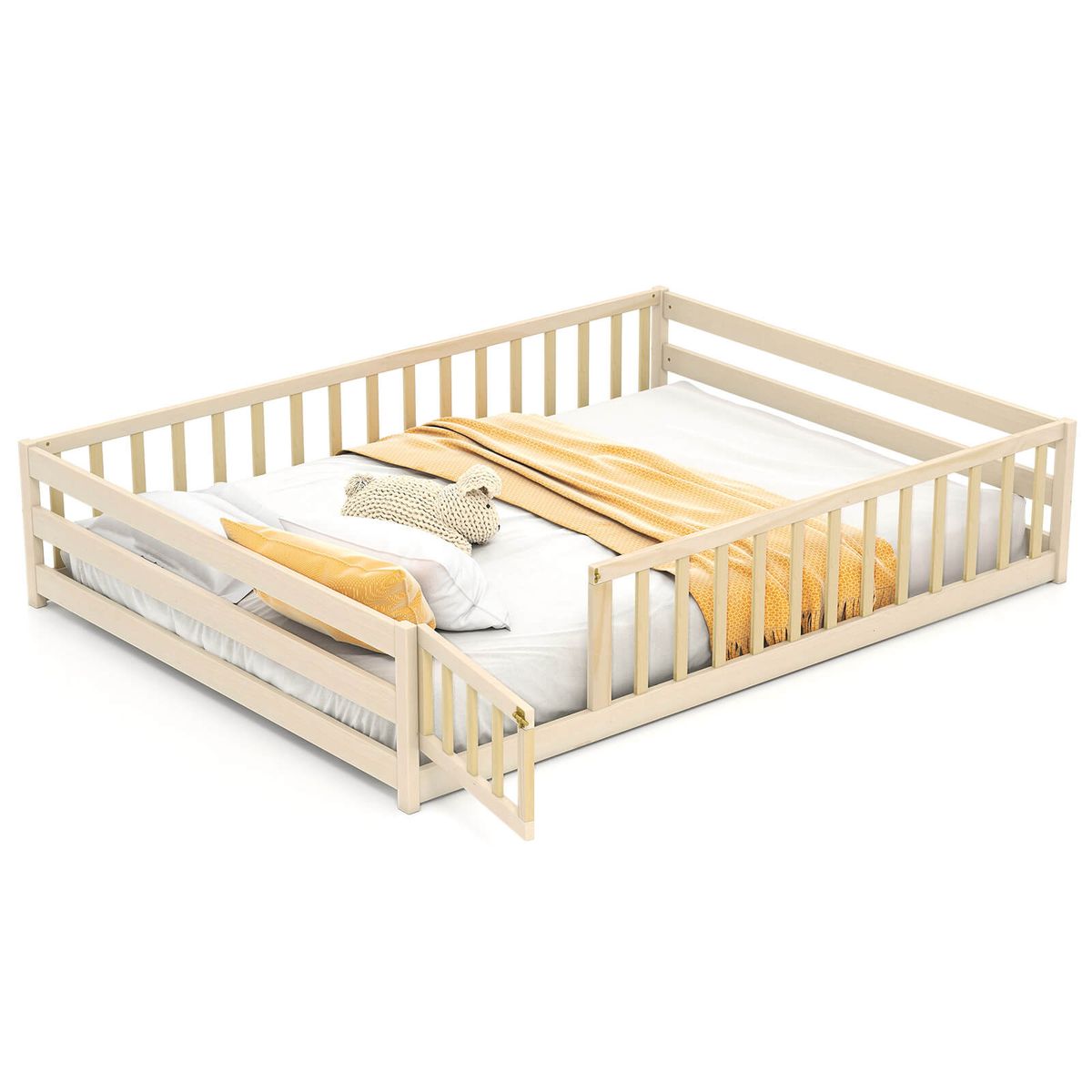 Full Size Floor Bed with Safety Guardrails - Natural